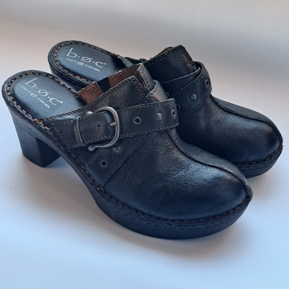 Boc Born Concept Leather Heel Clogs Mules Black 9